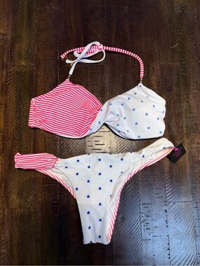Victoria's Secret Reversible Pink/Red White and Blue Star Print Bikini Set